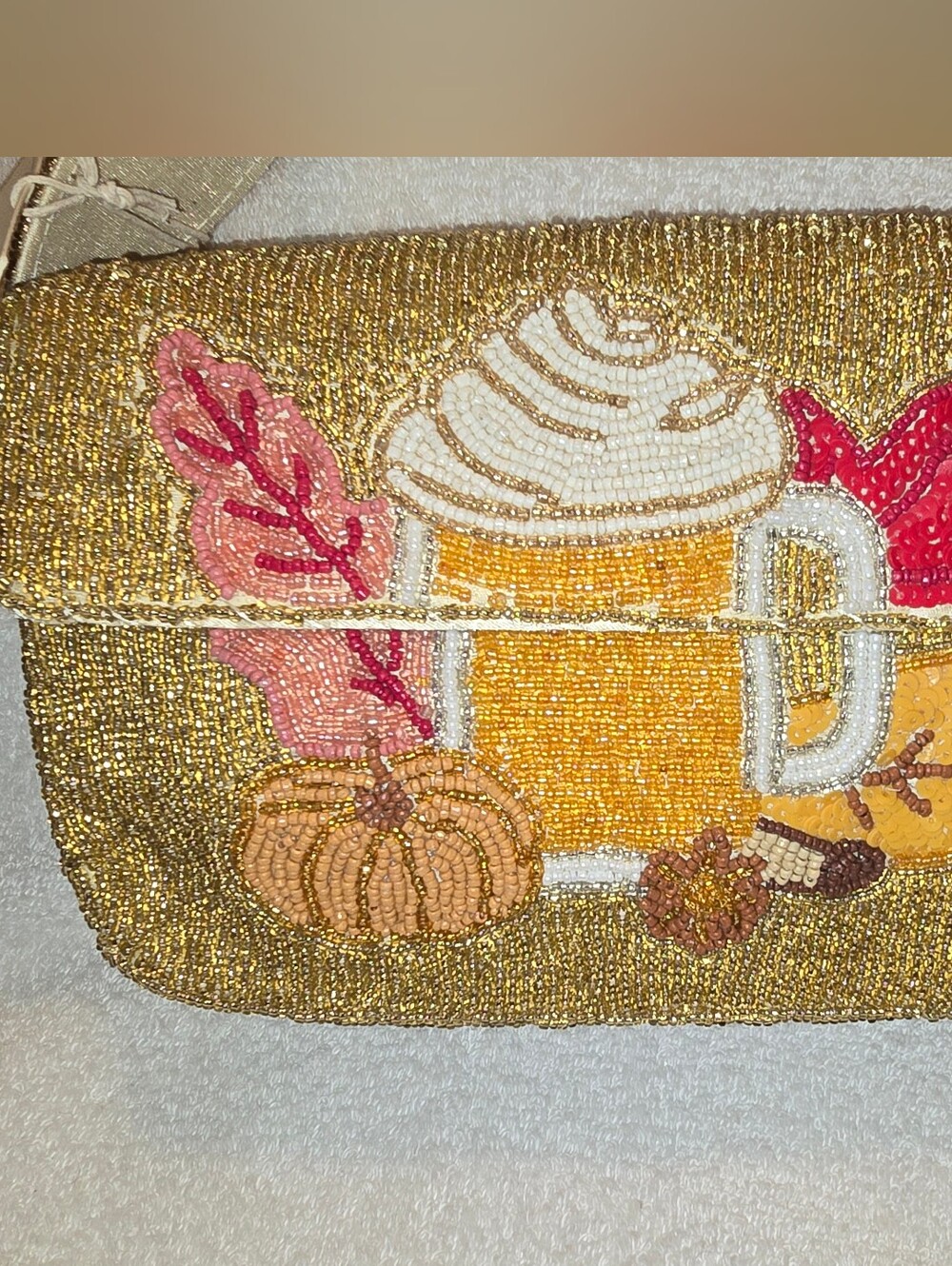 TJ Maxx Viral Autumn Pumpkin Spice Latte Beaded Handbag Gold Metallic  NWT